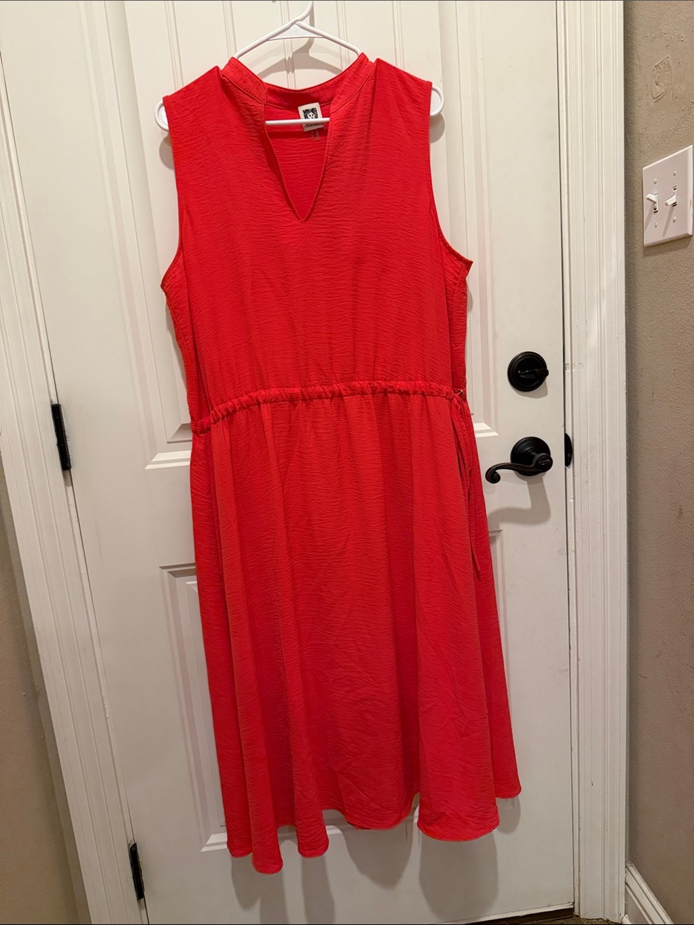 Womens coral Sleeveless A-Line Dress with V-Neck and drawstring waist